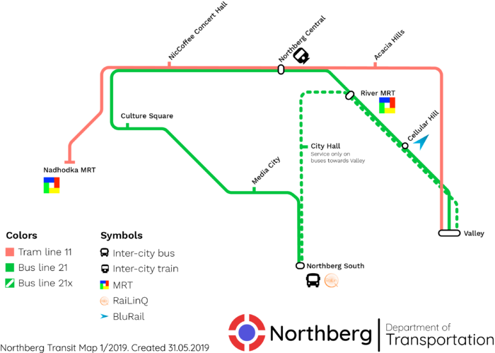 The current tram and bus routes in Northberg.
